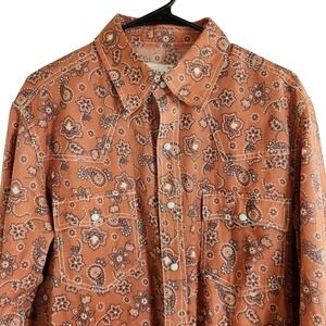Ryan Michael Mens Western Pearl Snap Shirt Clay Paisley Cotton Linen Retro Top L